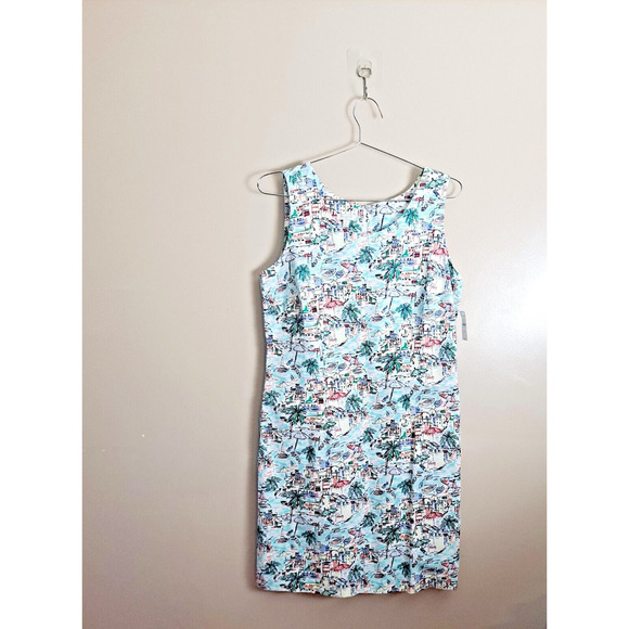 TALBOTS Outlet Scenic Beach Print SHEATH Shift Summer Dress SLEEVELESS - Picture 1 of 5